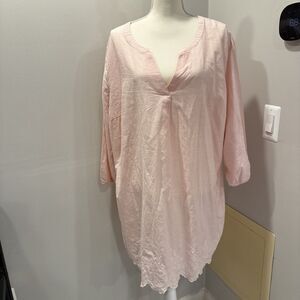 CROFT & BARROW Pink White STRIPE 3/4 SLEEVE SCALLOP HEM TOP SIZE 3x Embroidered